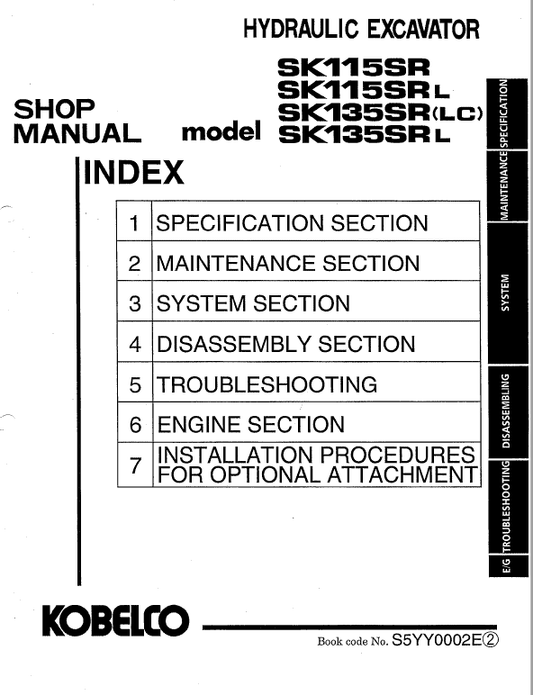 Kobelco SK115SR and SK135SR Excavator Service Manual Workshop Guide