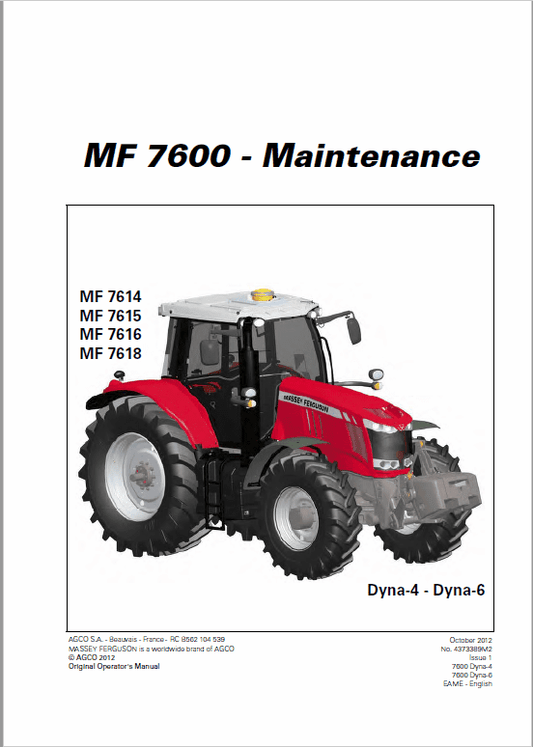Massey Ferguson 7614, 7615, 7616, 7618 Tractor Service Manual Workshop Guide