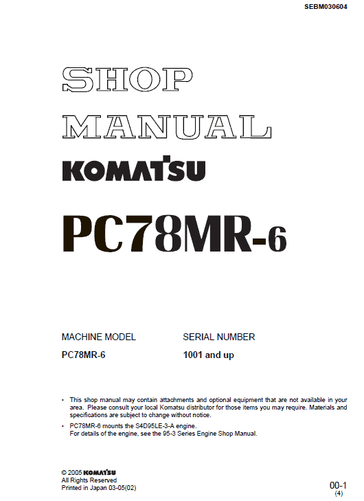 Komatsu PC78MR-6 Excavator Service Manual Workshop Guide
