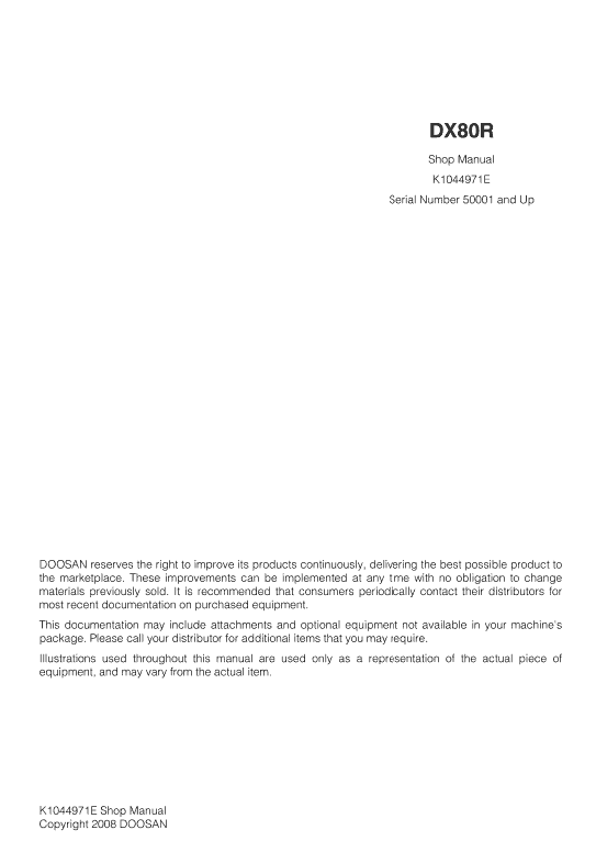 Doosan DX80R Excavator Service Manual Workshop Guide