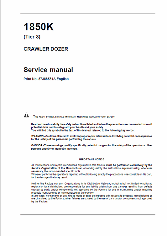 Case 1850K Crawler Dozer Service Manual Workshop Guide