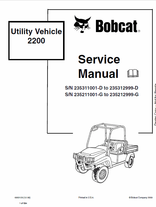 Bobcat 2200, 2200S, 2300 (G Series & D Series) Utility Vehicle Service Manual Workshop Guide