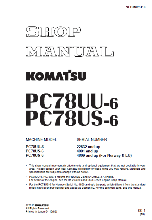 Komatsu PC78UU-6, PC78US-6 Excavator Service Manual Workshop Guide