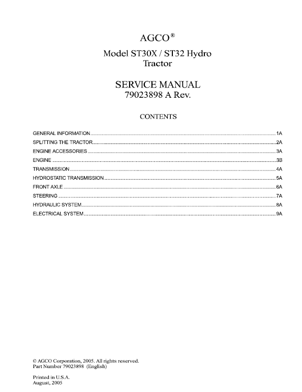 AGCO ST30X, ST32 Tractor Workshop Service Manual Workshop Guide