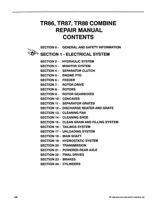 New Holland TR86, TR87, TR88 Combine Service Manual Workshop Guide