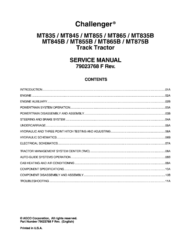 Challenger MT835B, MT845B, MT855B, MT865B, MT875B Tractor Service Manual Workshop Guide