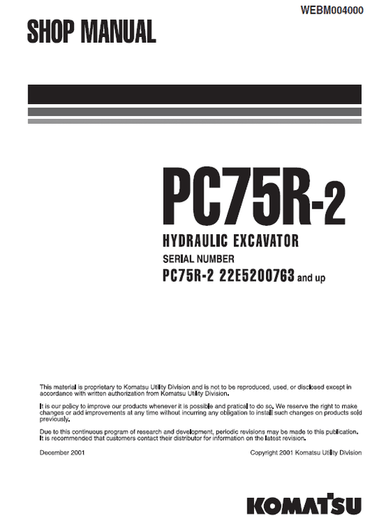 Komatsu PC75R-2 Excavator Service Manual Workshop Guide