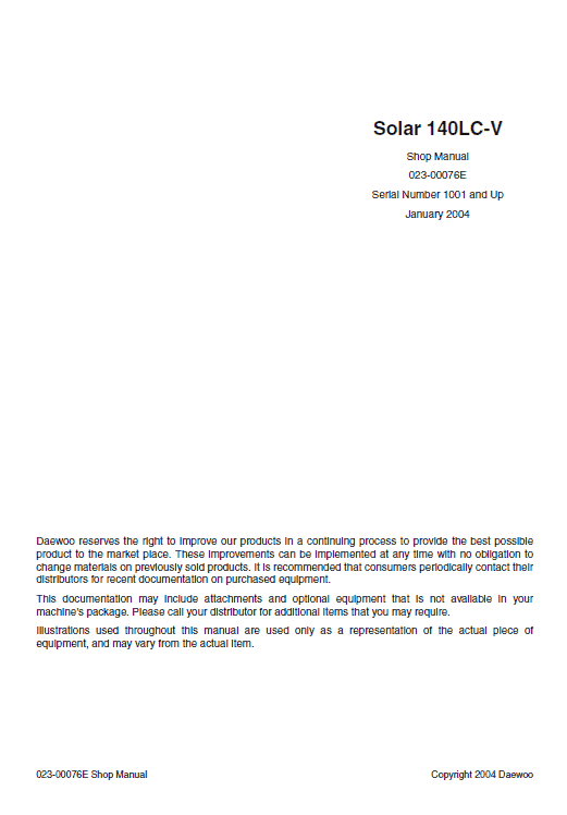 Daewoo Solar S140LC-V Excavator Service Manual Workshop Guide