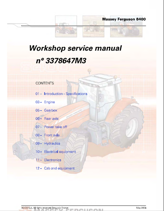 Massey Ferguson 8450, 8460, 8470, 8480 Tractor Service Manual Workshop Guide