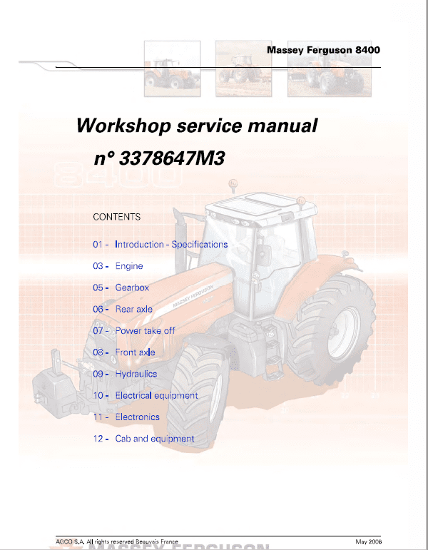 Massey Ferguson 8450, 8460, 8470, 8480 Tractor Service Manual Workshop Guide