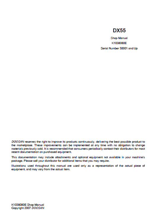 Doosan DX55 Excavator Service Manual Workshop Guide