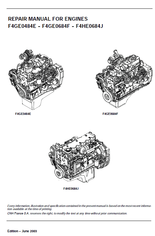 Iveco F4GE0484E, F4GE0684F and F4HE0684J Engine Service Manual Workshop Guide