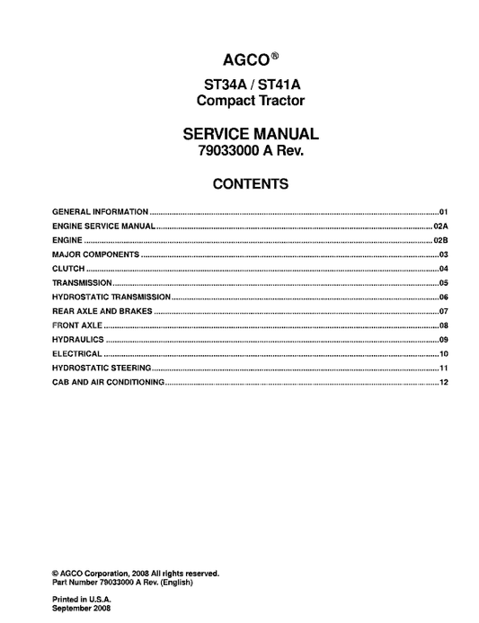 AGCO ST34A, ST41A Tractor Service Manual Workshop Guide