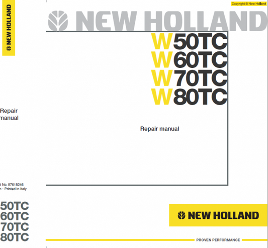 New Holland W50TC, W60TC, W70TC, W80TC Wheeled Loader Manual Workshop Guide