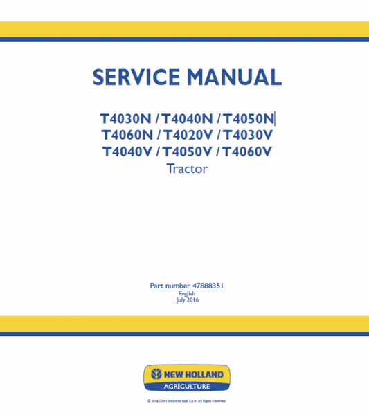 New Holland T4040N, T4040V, T4050N, T4050V Tractor Service Manual Workshop Guide