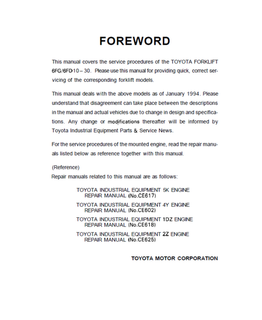 Toyota 6FD10, 6FD14, 6FD15, 6FD18, 6FD20 Forklift Service Repair Manual