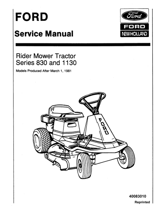Ford 830, 1130 Rider Mower Tractor Service Manual Workshop Guide