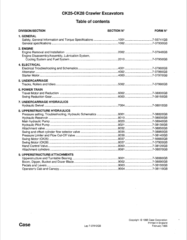 Case CK25, CK28 Excavator Service Manual Workshop Guide