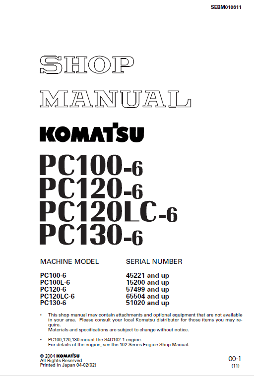 Komatsu PC100-6, PC120-6, PC120LC-6, PC130-6 Excavator Manual Workshop Guide