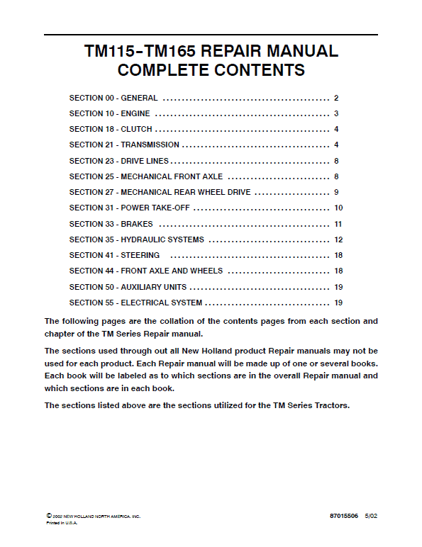 New Holland TM115, TM125, TM135, TM150, TM165 Tractor Service Manual Workshop Guide