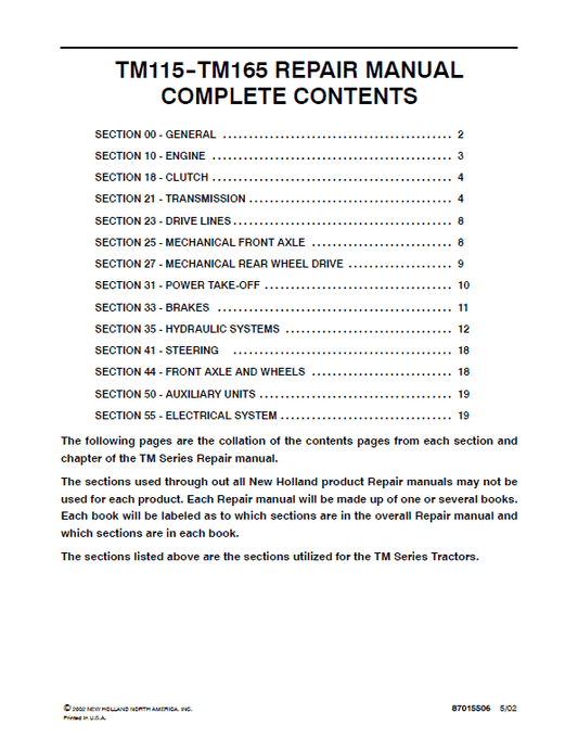 New Holland TM115, TM125, TM135, TM150, TM165 Tractor Service Manual Workshop Guide