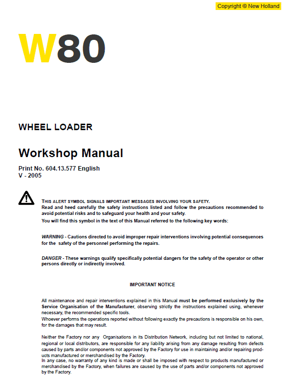 New Holland W50 Wheeled Loader Service Manual Workshop Guide