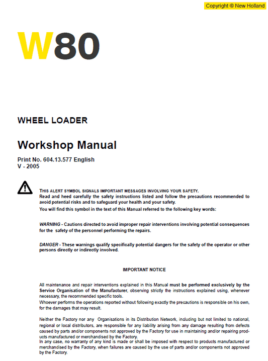 New Holland W50 Wheeled Loader Service Manual Workshop Guide