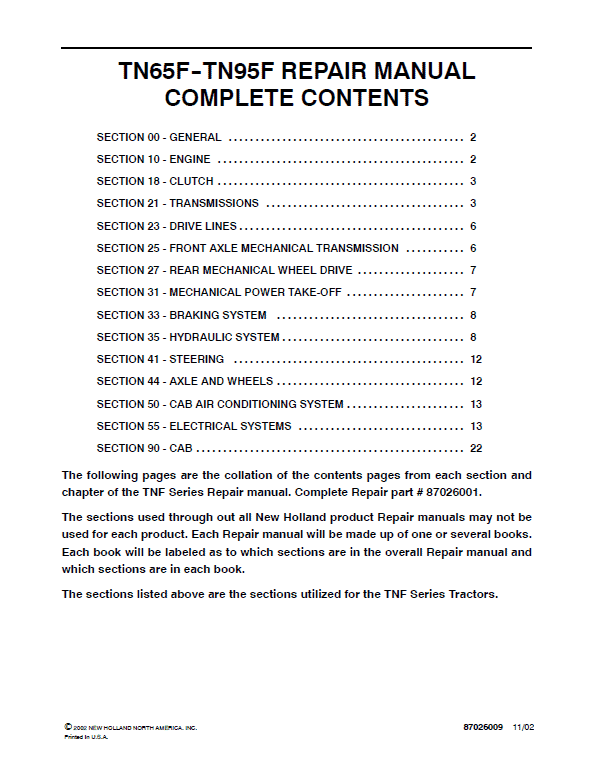 New Holland TN65F, TN70F, TN75F Tractor Service Manual Workshop Guide