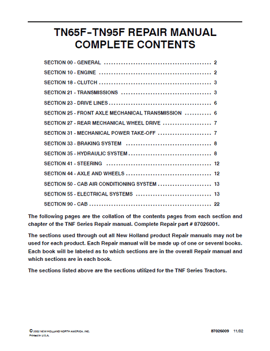 New Holland TN65F, TN70F, TN75F Tractor Service Manual Workshop Guide