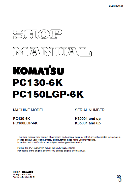 Komatsu PC130-6K, PC150LGP-6K Excavator Service Manual Workshop Guide