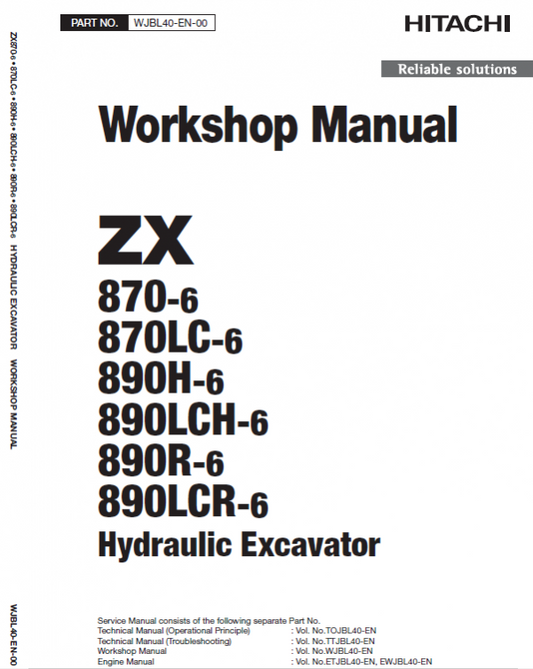 Hitachi ZX870-6 and ZX890H-6 Excavator Service Repair Manual Workshop Guide