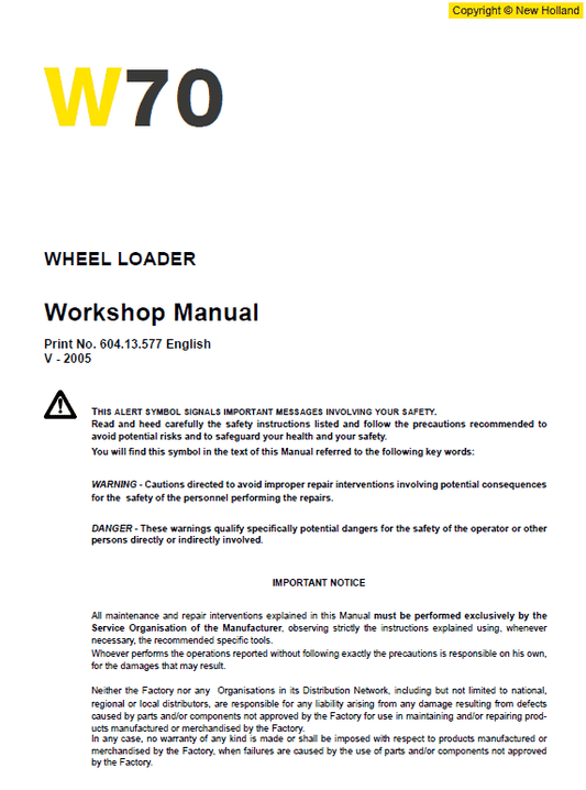 New Holland W70 Wheeled Loader Service Manual Workshop Guide