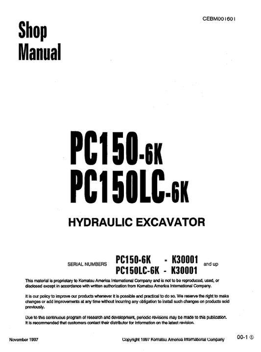 Komatsu PC150-6K, PC150LC-6K Excavator Service Manual Workshop Guide
