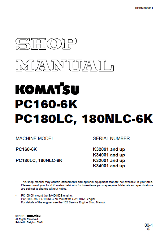 Komatsu PC160-6K, PC180LC-6K, 180NLC-6K Excavator Manual Workshop Guide