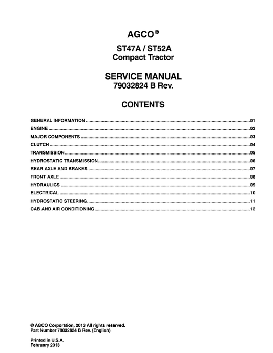 AGCO ST47A, ST52A Tractor Service Manual Workshop Guide