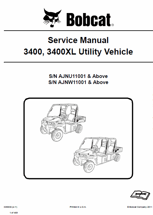Bobcat 3400, 3400XL Utility Vehicle Service Repair Manual Workshop Guide