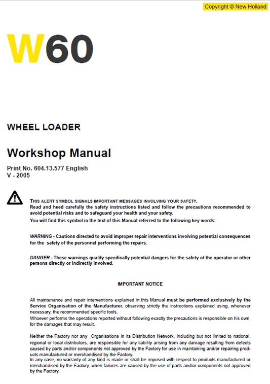 New Holland W60 Wheeled Loader Service Manual Workshop Guide