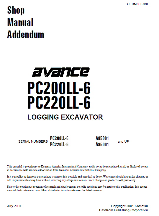 Komatsu PC200LL-6 PC220LL-6 Excavator Service Manual Workshop Guide