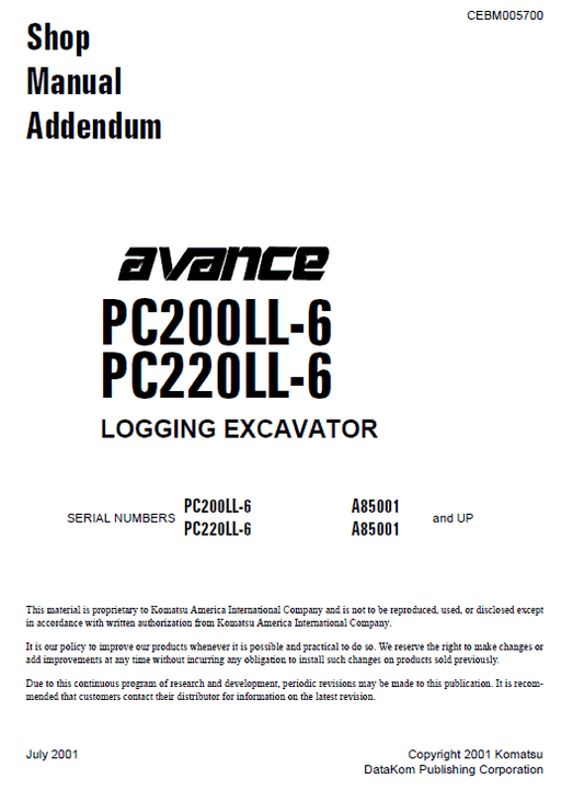 Komatsu PC200LL-6 PC220LL-6 Excavator Service Manual Workshop Guide