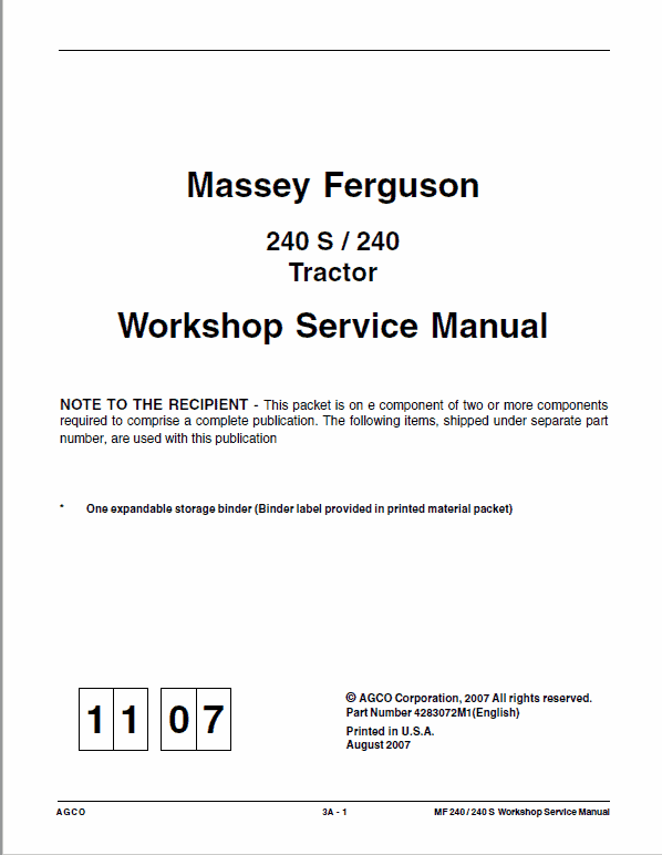 Massey Ferguson MF 240, 240S Tractor Service Manual Workshop Guide