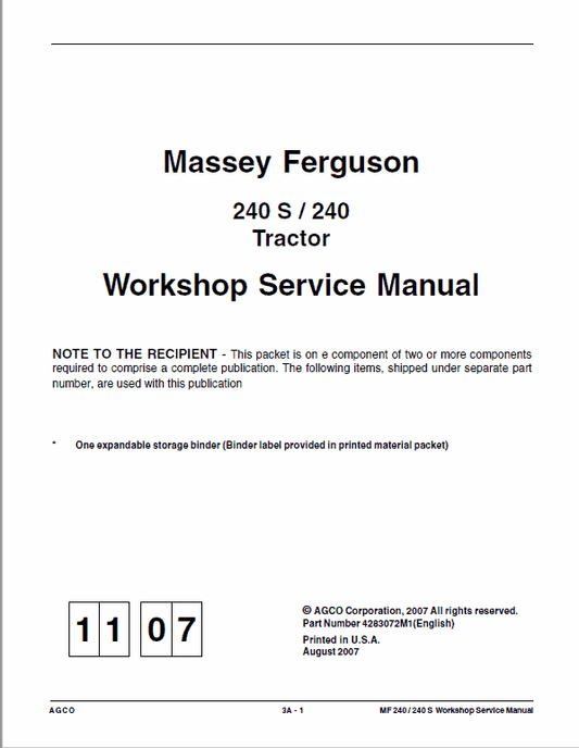 Massey Ferguson MF 240, 240S Tractor Service Manual Workshop Guide
