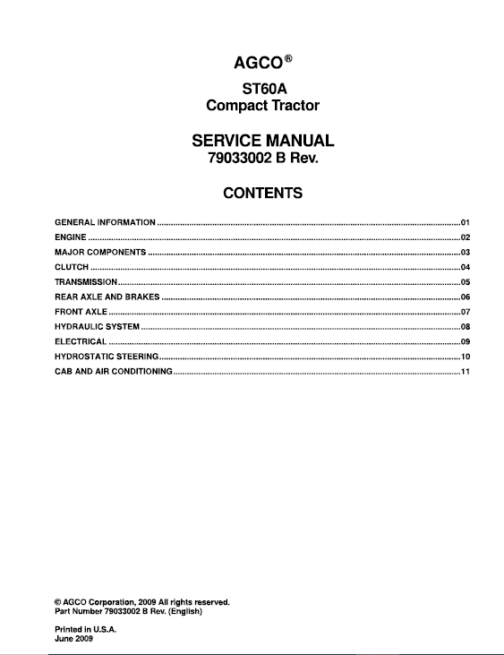 AGCO ST60A Tractor Service Manual Workshop Guide
