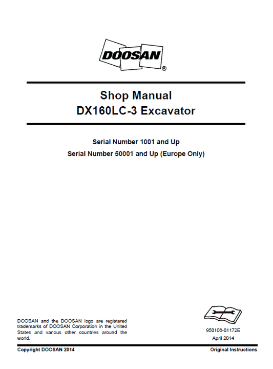 Doosan DX160LC-3 Excavator Service Manual Workshop Guide