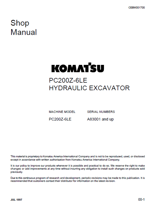 Komatsu PC200Z-6LE Excavator Service Manual Workshop Guide