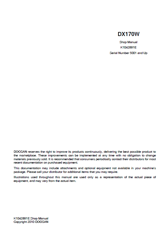 Doosan DX170W Excavator Service Manual Workshop Guide