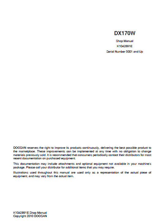 Doosan DX170W Excavator Service Manual Workshop Guide