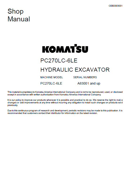 Komatsu PC270LC-6LE Excavator Service Manual Workshop Guide