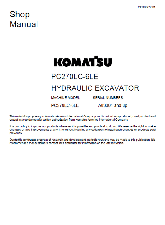 Komatsu PC270LC-6LE Excavator Service Manual Workshop Guide