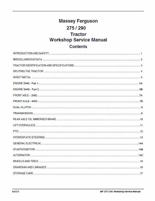 Massey Ferguson MF 275 Xtra, MF 290 Xtra Tractor Service Manual Workshop Guide
