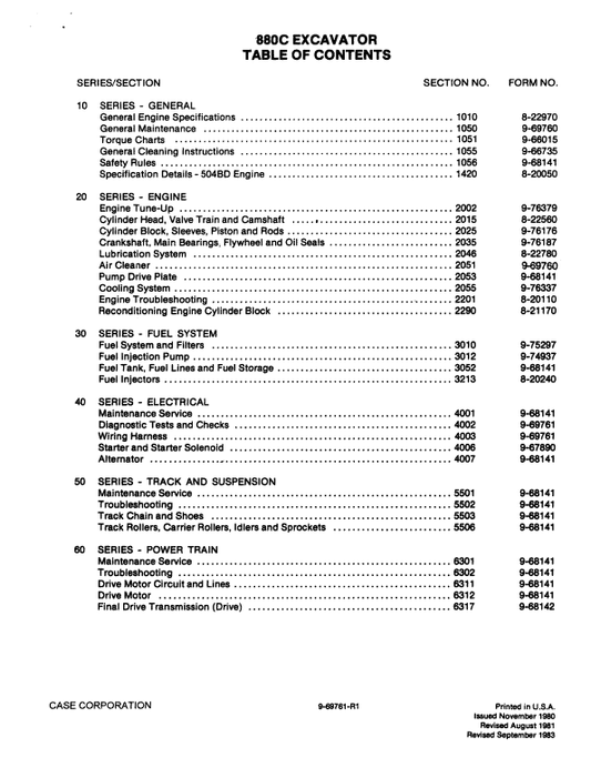 Case 880C Excavator Service Manual Workshop Guide